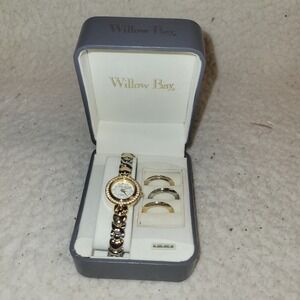 Willow Bay Women's Gold Tone Watch Ring Set‎ Quartz Crystal Bezel Gift Box